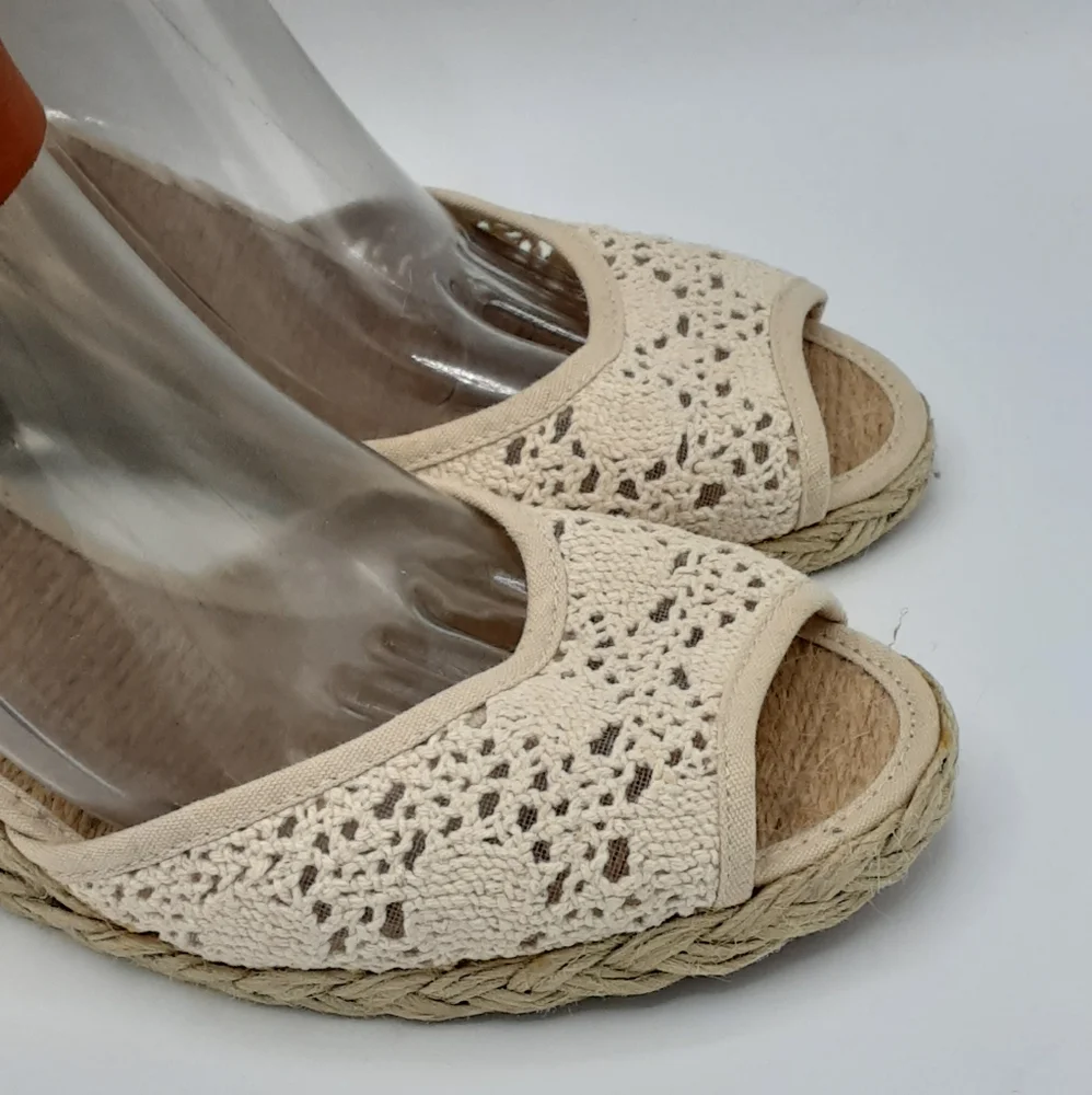 Lauren Ralph Lauren Cream and Brown Espadrille Wedges with Ankle Strap